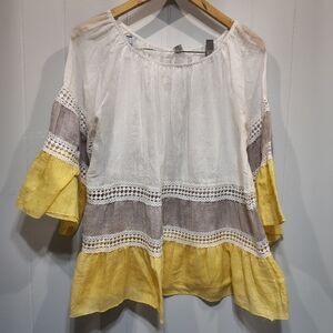 Kaktus Boho Peasant Top Medium White Yellow Lace Tiered Bell Sleeve Blouse